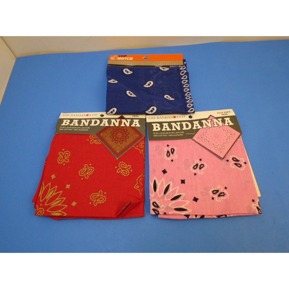 Lot of 3 The Bandana Co Top Notch Bandanas Red Pink Blue Paisley 22x22 Cotton